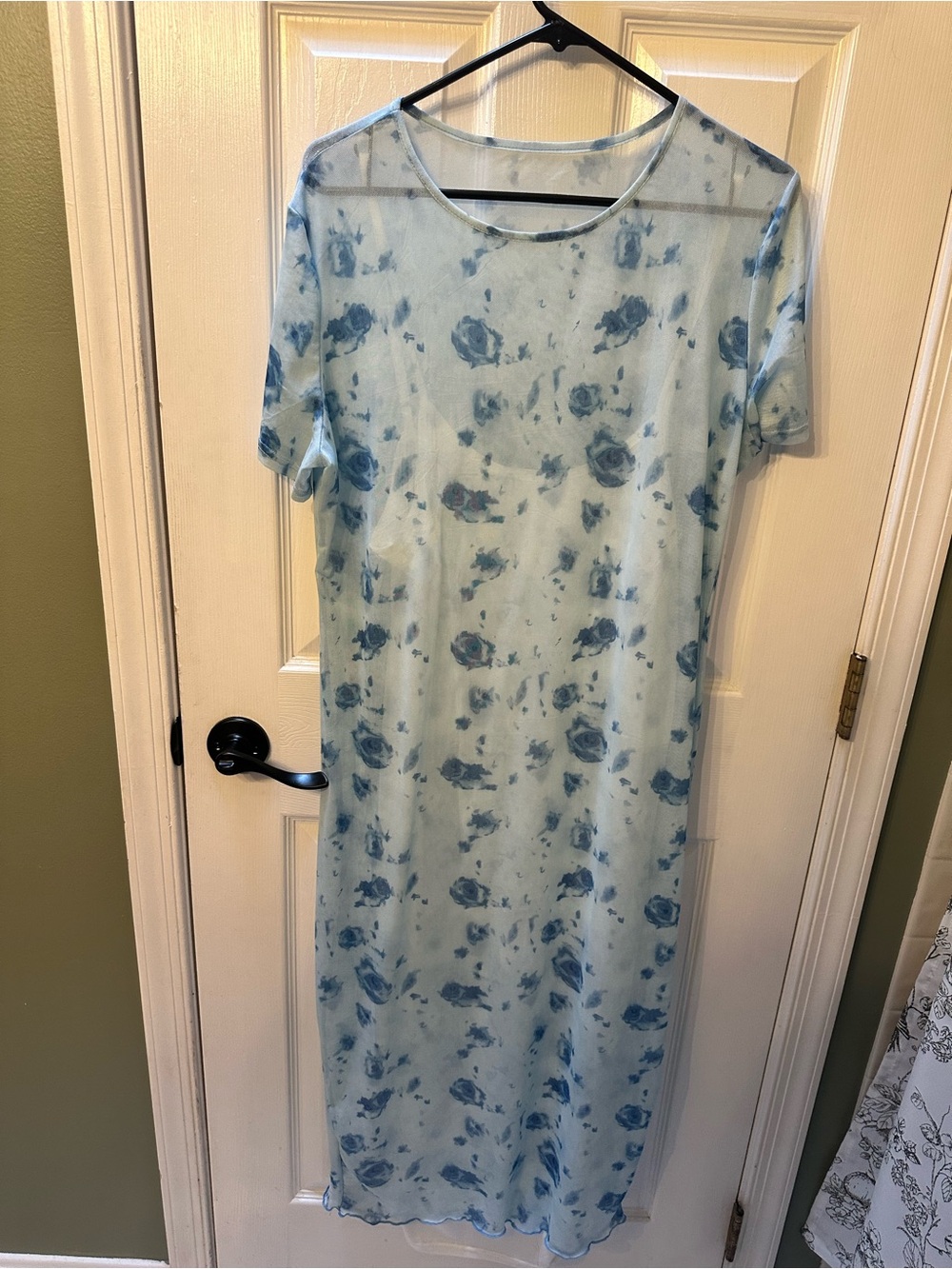 Sheer Light Blue Floral Maternity Maxi Dress with Short Sleeves